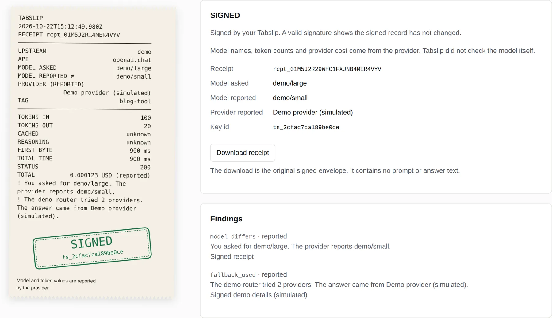 Simulated fallback receipt with its signed stamp, the requested and reported models and two findings